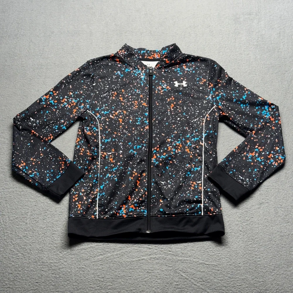 Under Armour Kids Large Track Jacket Full Zip Paint Splatter Black Orange Blue